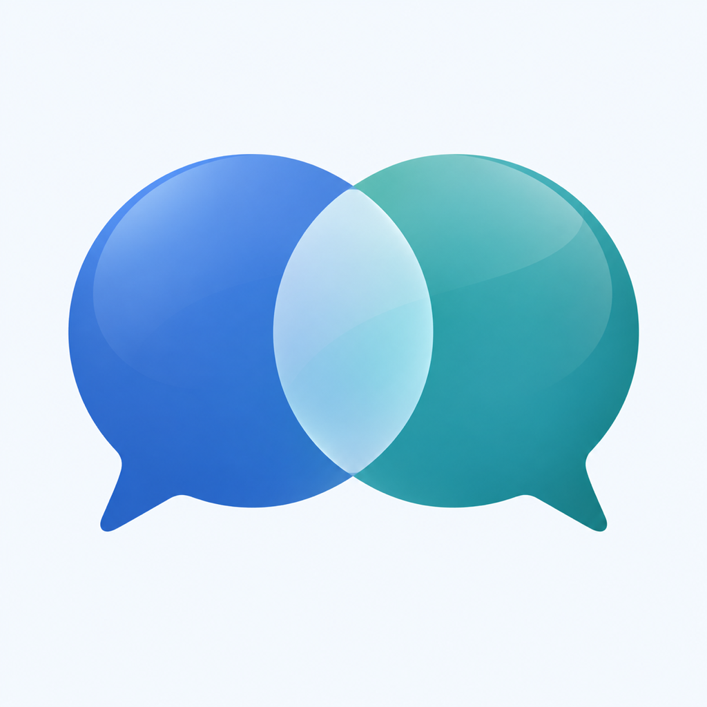 Communication Coach: overlapping blue and teal speech bubbles